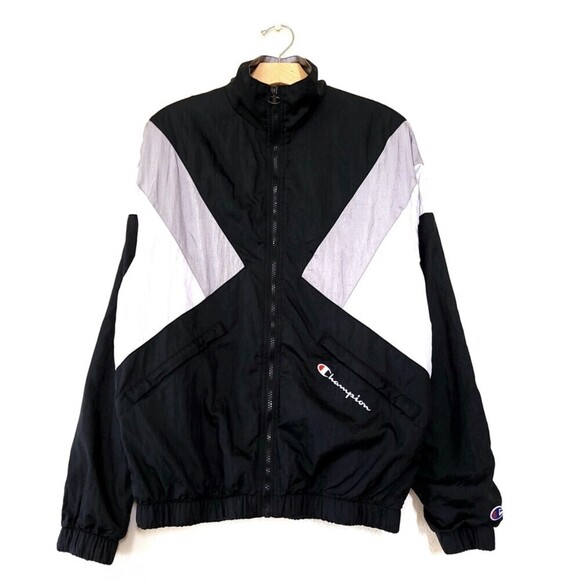 CHAMPION Nylon Athletic Windbreaker Track Jacket Black White Colorblock 90s y2k - Picture 1 of 14